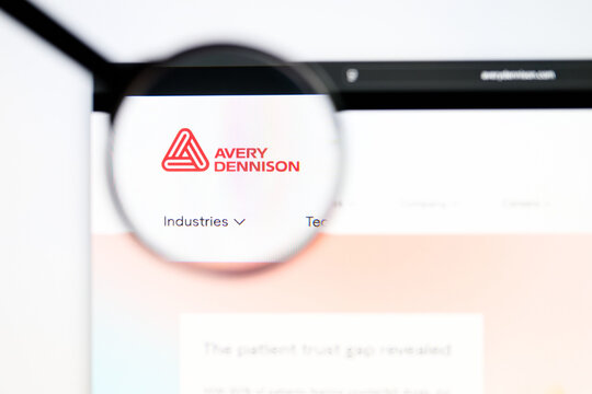 Milan, Italy 2026, 5 Jul Closeup of Avery Dennison website page on a laptop screen. Focus on Avery Dennison logo under a magnifying glass.