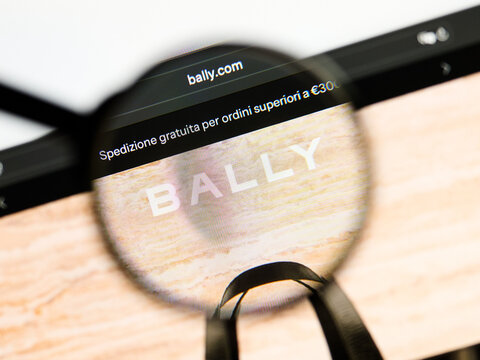 Milan, Italy 2026, 5 Jul Closeup of Bally website page on a laptop screen. Focus on Bally logo under a magnifying glass.