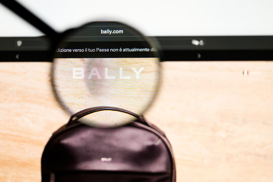 Milan, Italy 2026, 5 Jul Closeup of Bally website page on a laptop screen. Focus on Bally logo under a magnifying glass.