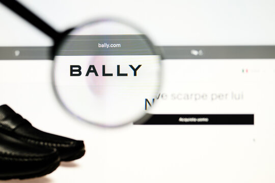 Milan, Italy 2026, 5 Jul Closeup of Bally website page on a laptop screen. Focus on Bally logo under a magnifying glass.