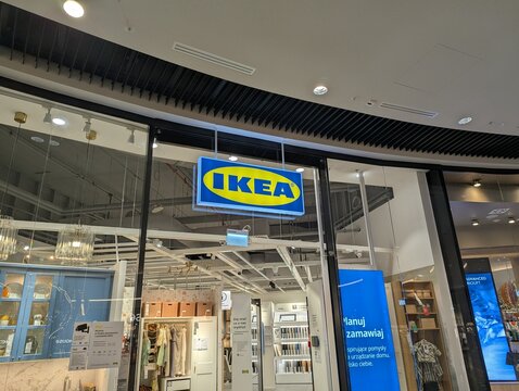 Warsaw, Poland,May 03, 2026. Front storefront glass entrance view of a corporate Ikea city center department retail store branch. High quality photograph.