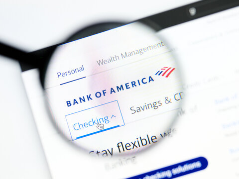 Milan, Italy 2026, 5 Jul Closeup of Bank of America website page on a laptop screen. Focus on Bank of America logo under a magnifying glass.