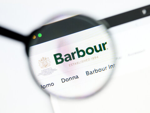 Milan, Italy 2026, 5 Jul Closeup of Barbour website page on a laptop screen. Focus on Barbour logo under a magnifying glass.