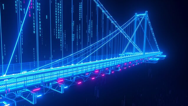 Digital Bridge of Glowing Fiber Optics and Circuitry Representing Data Integration and API Connectivity