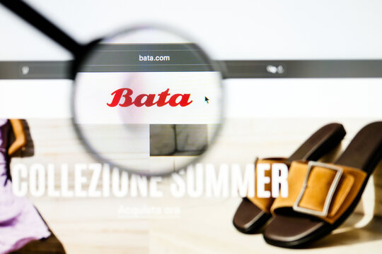 Milan, Italy 2026, 5 Jul Closeup of Bata website page on a laptop screen. Focus on Bata logo under a magnifying glass.