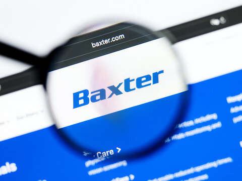 Milan, Italy 2026, 5 Jul Closeup of Baxter website page on a laptop screen. Focus on Baxter logo under a magnifying glass.