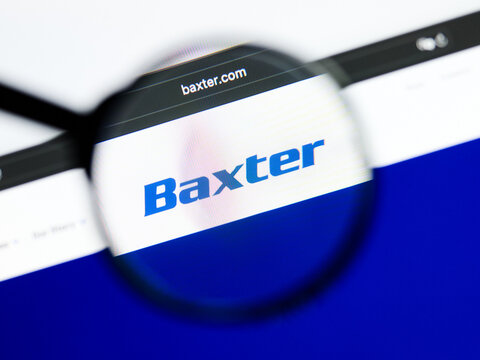 Milan, Italy 2026, 5 Jul Closeup of Baxter website page on a laptop screen. Focus on Baxter logo under a magnifying glass.
