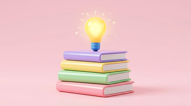 A stack of colorful books with a glowing lightbulb on top sparks knowledge