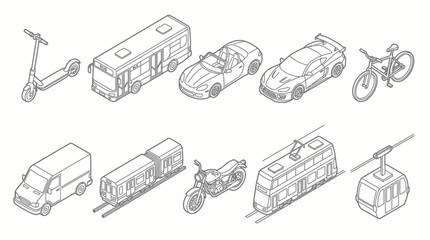 Obraz premium Isometric collection of urban transportation icons in line art style