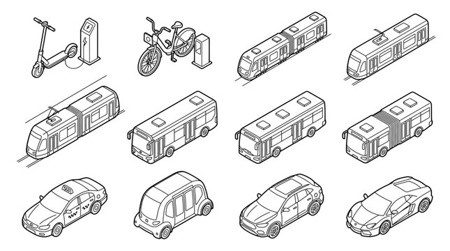 Isometric city transportation icons with bus train car and bike