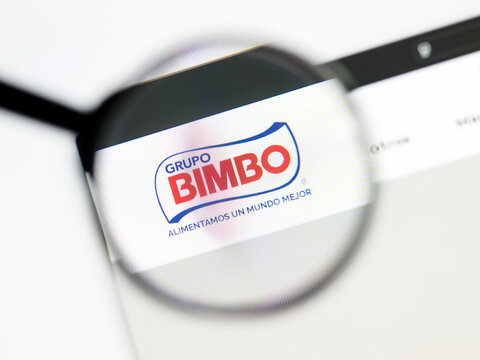Milan, Italy 2026, 5 Jul Closeup of Bimbo website page on a laptop screen. Focus on Bimbo logo under a magnifying glass.