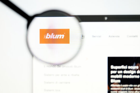 Milan, Italy 2026, 5 Jul Closeup of Blum website page on a laptop screen. Focus on Blum logo under a magnifying glass.