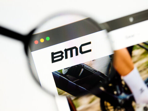 Milan, Italy 2026, 5 Jul Closeup of BMC Switzerland website page on a laptop screen. Focus on BMC Switzerland logo under a magnifying glass.