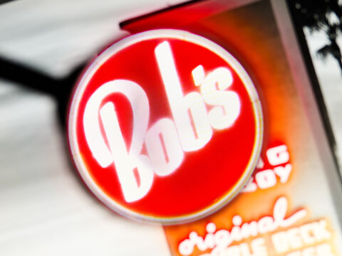 Milan, Italy 2026, 5 Jul Closeup of Bob Big Boy website page on a laptop screen. Focus on Bob Big Boy logo under a magnifying glass.
