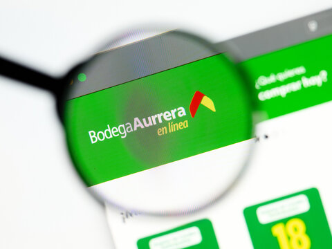 Milan, Italy 2026, 5 Jul Closeup of Bodega Aurrera website page on a laptop screen. Focus on Bodega Aurrera logo under a magnifying glass.