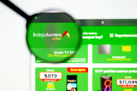 Milan, Italy 2026, 5 Jul Closeup of Bodega Aurrera website page on a laptop screen. Focus on Bodega Aurrera logo under a magnifying glass.
