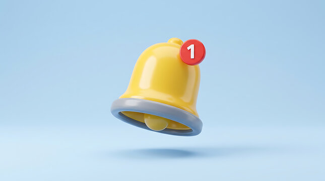 A yellow bell icon floats in air with a red notification mark on top