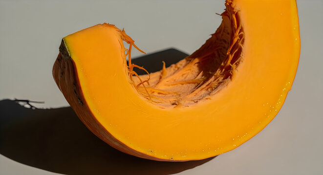 Vibrant orange pumpkin slice with stringy pulp and seeds on a gray background
