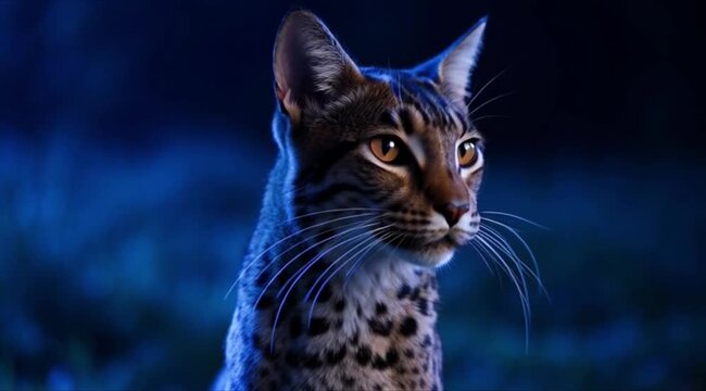 Close-up of a wild spotted serval cat looking around in the blue moonlight of a dark forest. Static shot view.