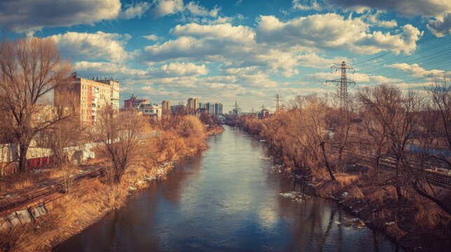 River contrasts urban pollution with clear flow under a cloudy sky, showcasing environmental dichotomy
