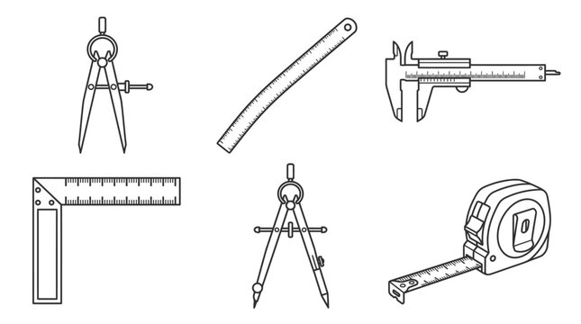 Set of essential engineering and drafting tools including compasses, rulers, square, caliper, and tape measure on isolated white background.