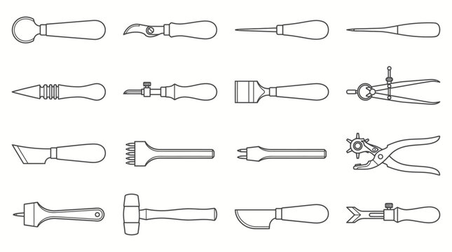 Diverse set of leather craft tools featuring mallets, knives, skiving tools, and various punches on isolated white background.