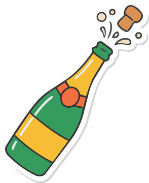 Sticker of a champagne bottle being uncorked for a celebration
