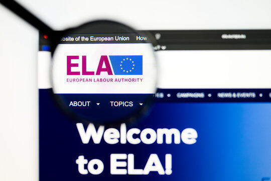 Milan, Italy 2026, 5 Jul Closeup of European Labour Authority website page on a laptop screen. Focus on European Labour Authority logo under a magnifying glass.