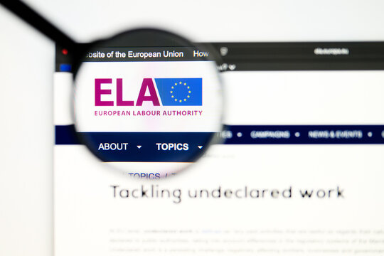 Milan, Italy 2026, 5 Jul Closeup of European Labour Authority website page on a laptop screen. Focus on European Labour Authority logo under a magnifying glass.