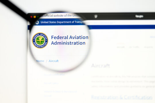 Milan, Italy 2026, 5 Jul Closeup of Federal Aviation Administration website page on a laptop screen. Focus on Federal Aviation Administration logo under a magnifying glass.