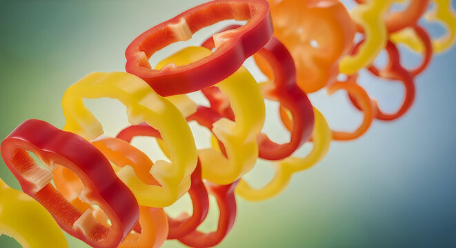 Vibrant red yellow and orange bell pepper slices in a spiral pattern