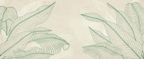 Fototapeta premium Luxury art background with tropical plant leaves in blue or green in a line style. Botanical banner for decor, prints, posters, textiles, wallpaper, and packaging.