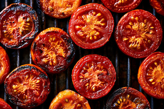 Close Up Overhead View of Grilled Red Tomato Halves on a Barbecue Grate.