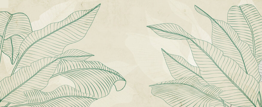 Luxury art background with tropical plant leaves in blue or green in a line style. Botanical banner for decor, prints, posters, textiles, wallpaper, and packaging.