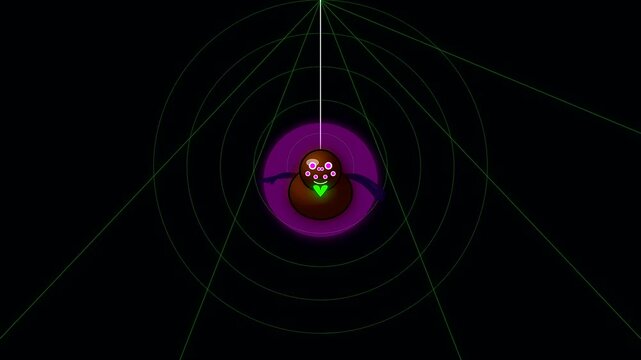 a whimsical glowing brown spider character with a vibrant green heart emblem dangling playfully during a festive halloween celebration featuring delicious assorted vegan treats for everyone