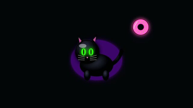 Animated black cats with bright green eyes float near pink vegan treats during festive halloween celebrations featuring playful movements against a pitch black nocturnal digital canvas