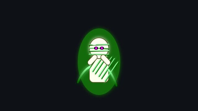 cartoon mummy character floating inside glowing green circles offering delicious vegan treats for a festive halloween night celebration with spooky animation elements and mysterious aura