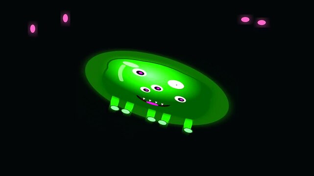 Three glowing green monsters with multiple eyes float in darkness representing spooky halloween celebrations and playful vegan treats for a festive seasonal holiday party graphic design
