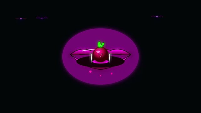 Animated vampire cherry character with sharp fangs and smiling lips floats in a dark space surrounded by flying bats for spooky halloween vegan treats concepts
