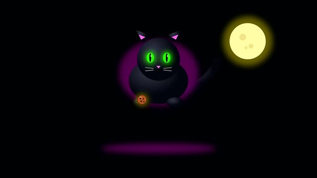 a whimsical animated black feline levitates against a dark sky holding vegan treats while a luminous moon glows above the playful animal during halloween night