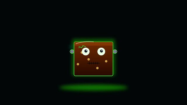 Animated square monster box character with glowing green eyes and stitch mouth design appearing as fun halloween vegan treats floating in total darkness during this sequence