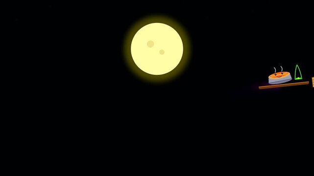 a whimsical animation shows a cute pumpkin pie soaring through the night sky on a broomstick surrounded by bright glowing full moons for halloween vegan treats