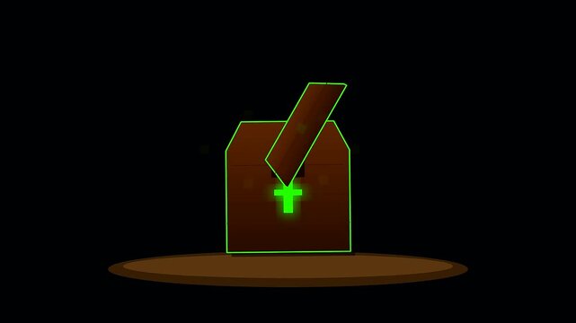 A small chocolate square emerging from a wooden crate featuring a glowing green cross during a dark halloween themed animation sequence with festive vegan treats