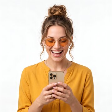 Excited Smiling Girl Holding Smartphone During Online Shopping Sale