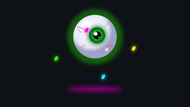 Animated levitating orb with green glowing aura and tiny colorful floating particles evokes spooky halloween vibes paired with healthy vegan treats for a festive celebration