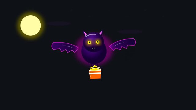 cartoon bats flying across a dark night sky carrying buckets filled with delicious halloween vegan treats while glowing moons illuminate the whimsical festive scene tonight