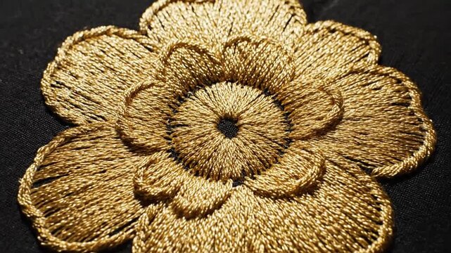 Close-up of an intricate gold thread embroidered floral design on a black fabric background