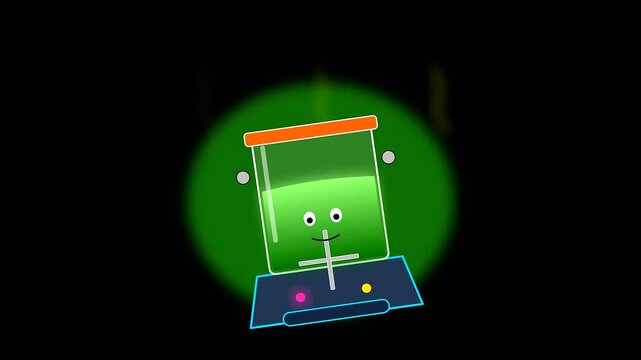 a whimsical animation featuring a glowing beaker as halloween vegan treats are prepared inside a vibrant laboratory setting with magical sparks and neon green illumination