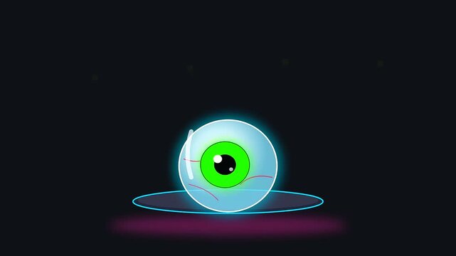A glowing eyeball floating above a neon surface as a spooky halloween prop reflecting vegan treats in a dark minimalist sequence of stylized digital motion
