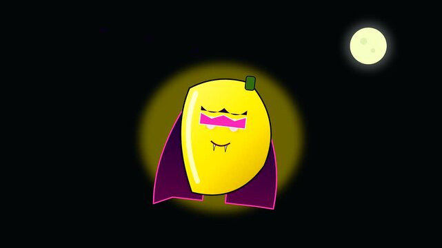 Animated cartoon lemon character wearing a dark purple cape as a fun halloween vegan treats concept floating against a midnight sky with a bright moon